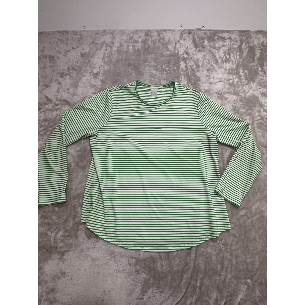 Chico's Shirt Womens Size 12 Green White Striped Long Sleeve Crew Neck Soft‎ EUC